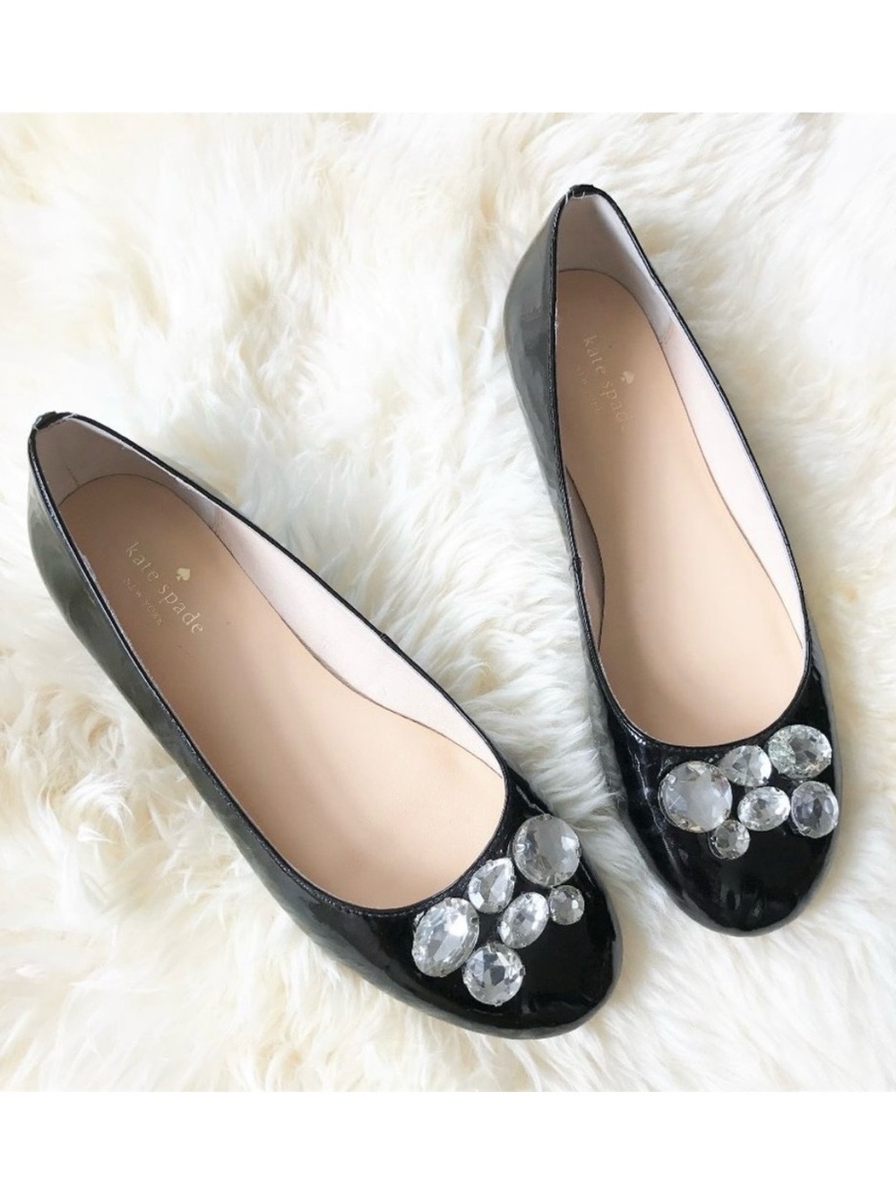 Kate Spade Black Patent Leather Jeweled Brooch Ballet Flats Shoes US 8.5 M EUC